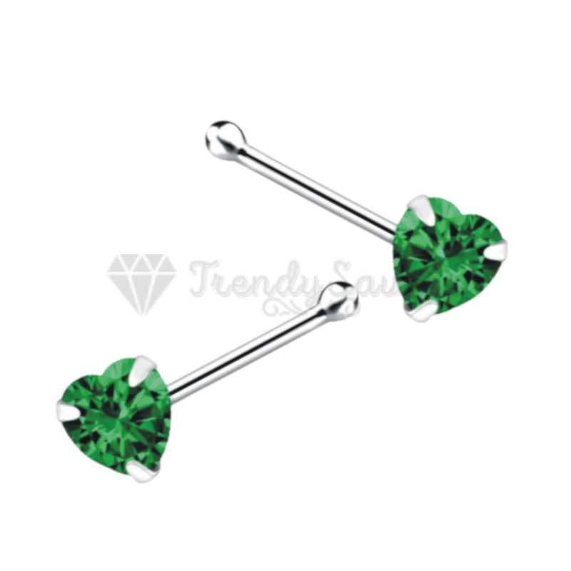 925 Sterling Silver Crystal Heart Green CZ Prong Pin Piercing Bone End Nose Stud