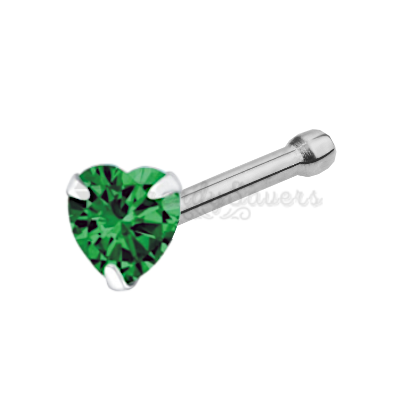 925 Sterling Silver Crystal Heart Green CZ Prong Pin Piercing Bone End Nose Stud