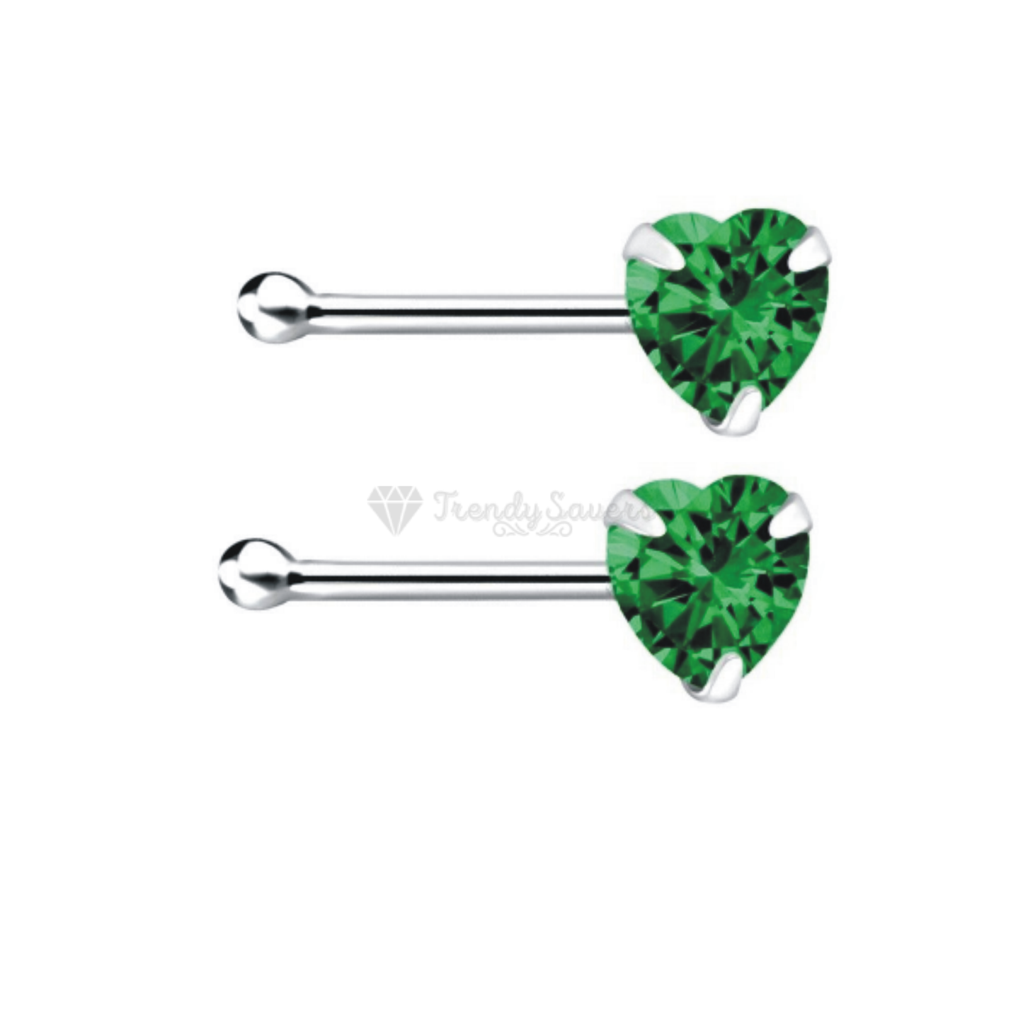 925 Sterling Silver Crystal Heart Green CZ Prong Pin Piercing Bone End Nose Stud