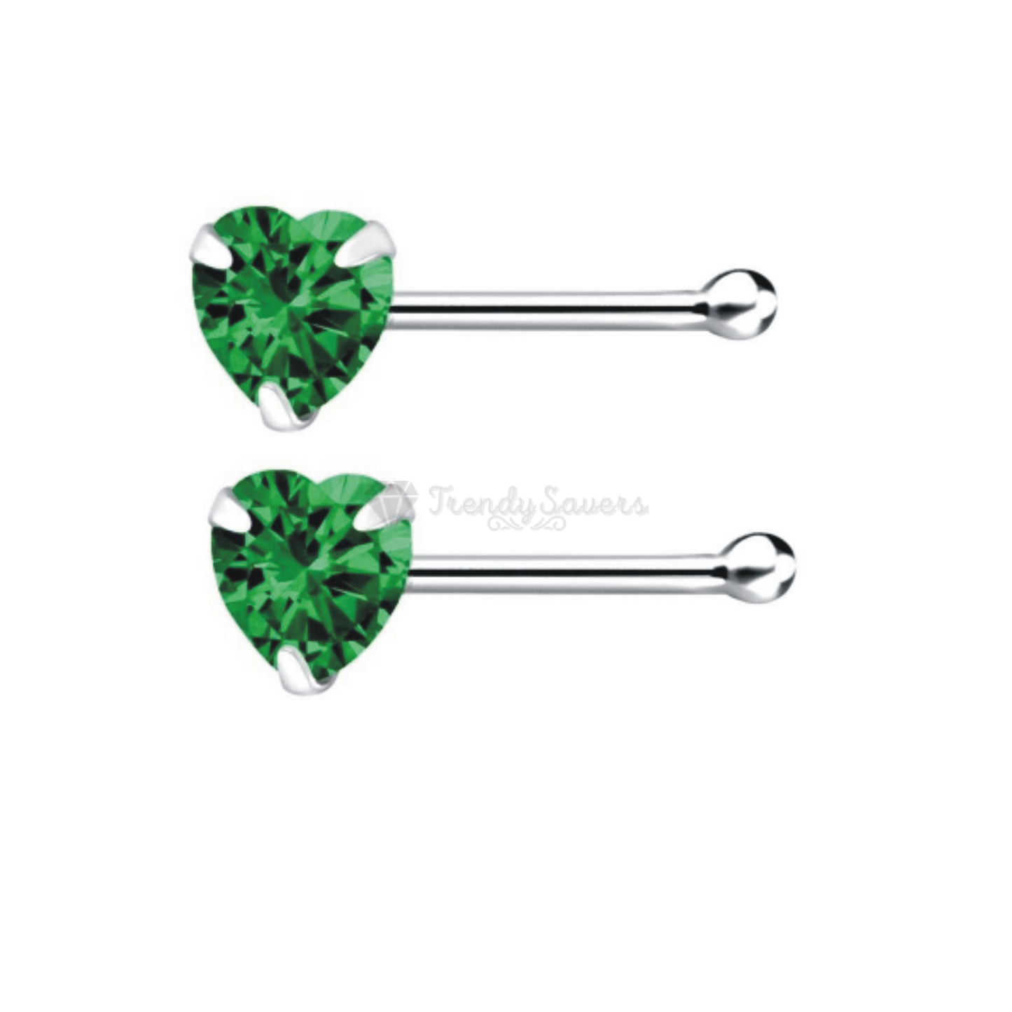 925 Sterling Silver Crystal Heart Green CZ Prong Pin Piercing Bone End Nose Stud