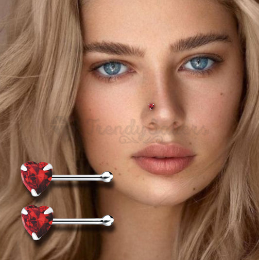 Nose Studs Straight End Bone Screw Red CZ Heart Shape Sterling Silver Piercing