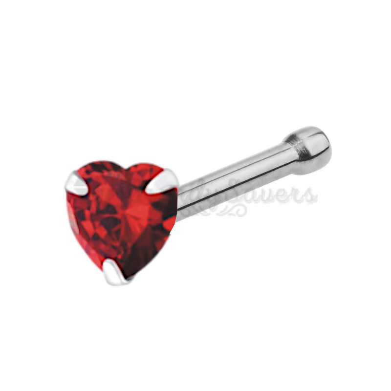 Nose Studs Straight End Bone Screw Red CZ Heart Shape Sterling Silver Piercing