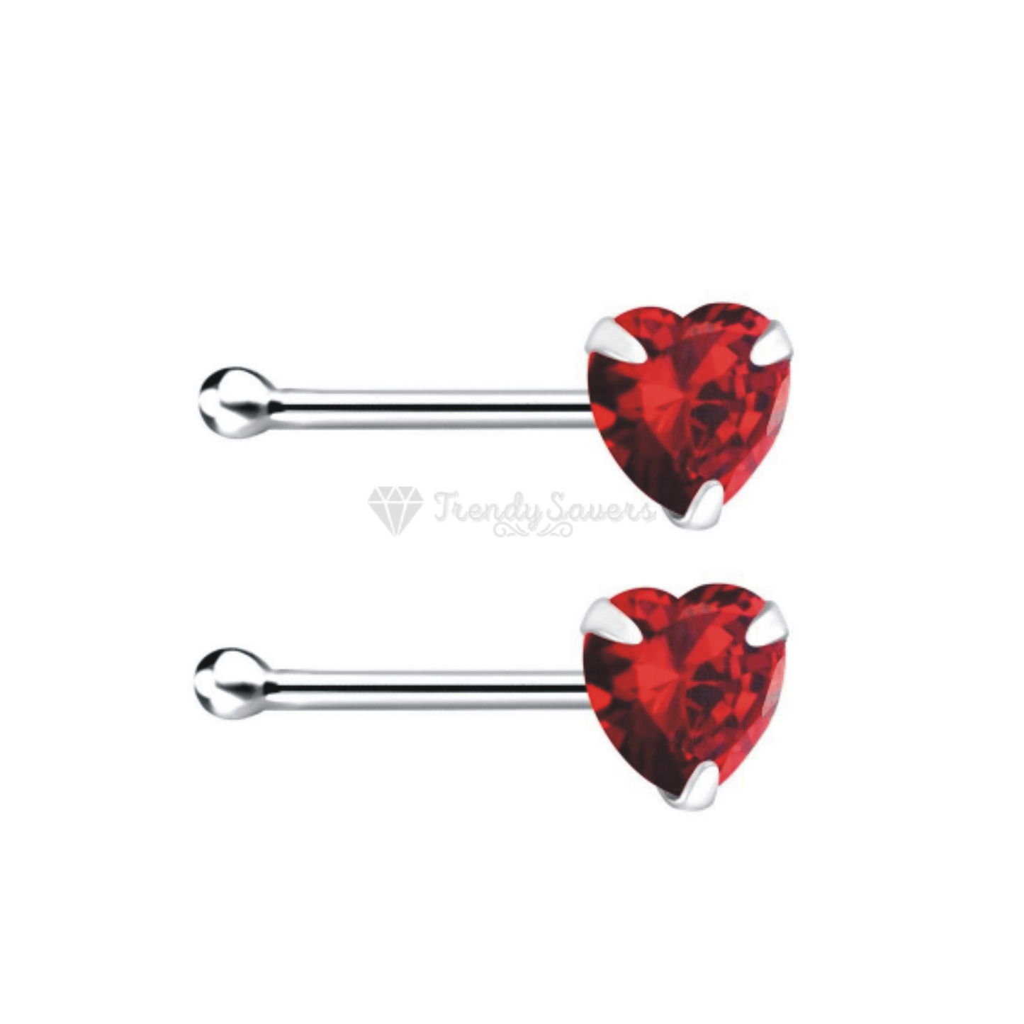 Nose Studs Straight End Bone Screw Red CZ Heart Shape Sterling Silver Piercing