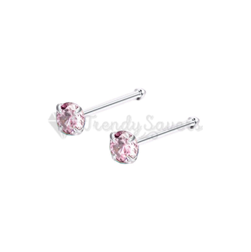 Pure 925 Sterling Silver Pink Gem Nose Studs Rings Piercing Pin Body Jewelry 2MM