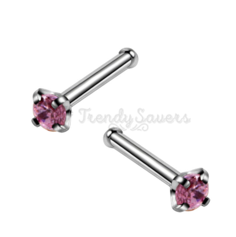 Pure 925 Sterling Silver Pink Gem Nose Studs Rings Piercing Pin