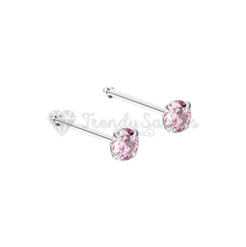 Pure 925 Sterling Silver Pink Gem Nose Studs Rings Piercing Pin Body Jewelry 2MM