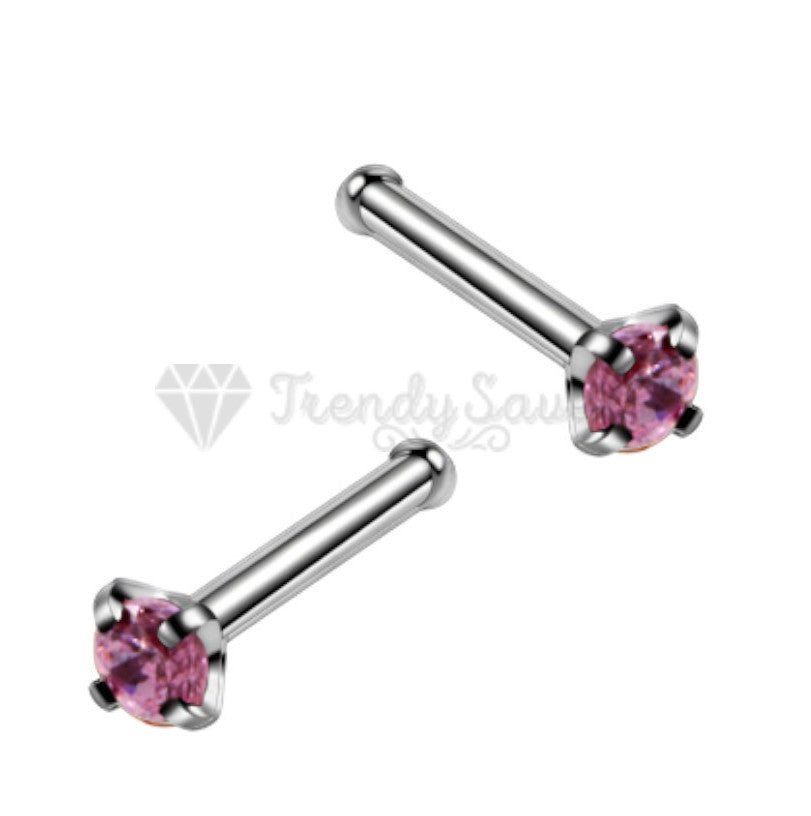 Pure 925 Sterling Silver Pink Gem Nose Studs Rings Piercing Pin Body Jewelry 2MM