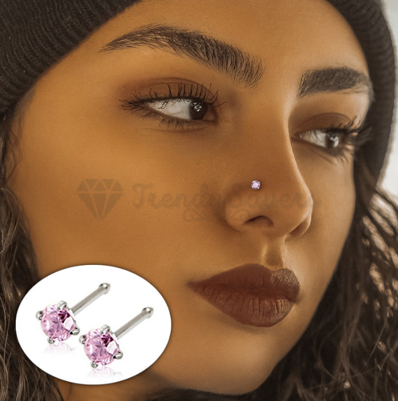 Pure 925 Sterling Silver Pink Gem Nose Studs Rings Piercing Pin Body Jewelry 2MM