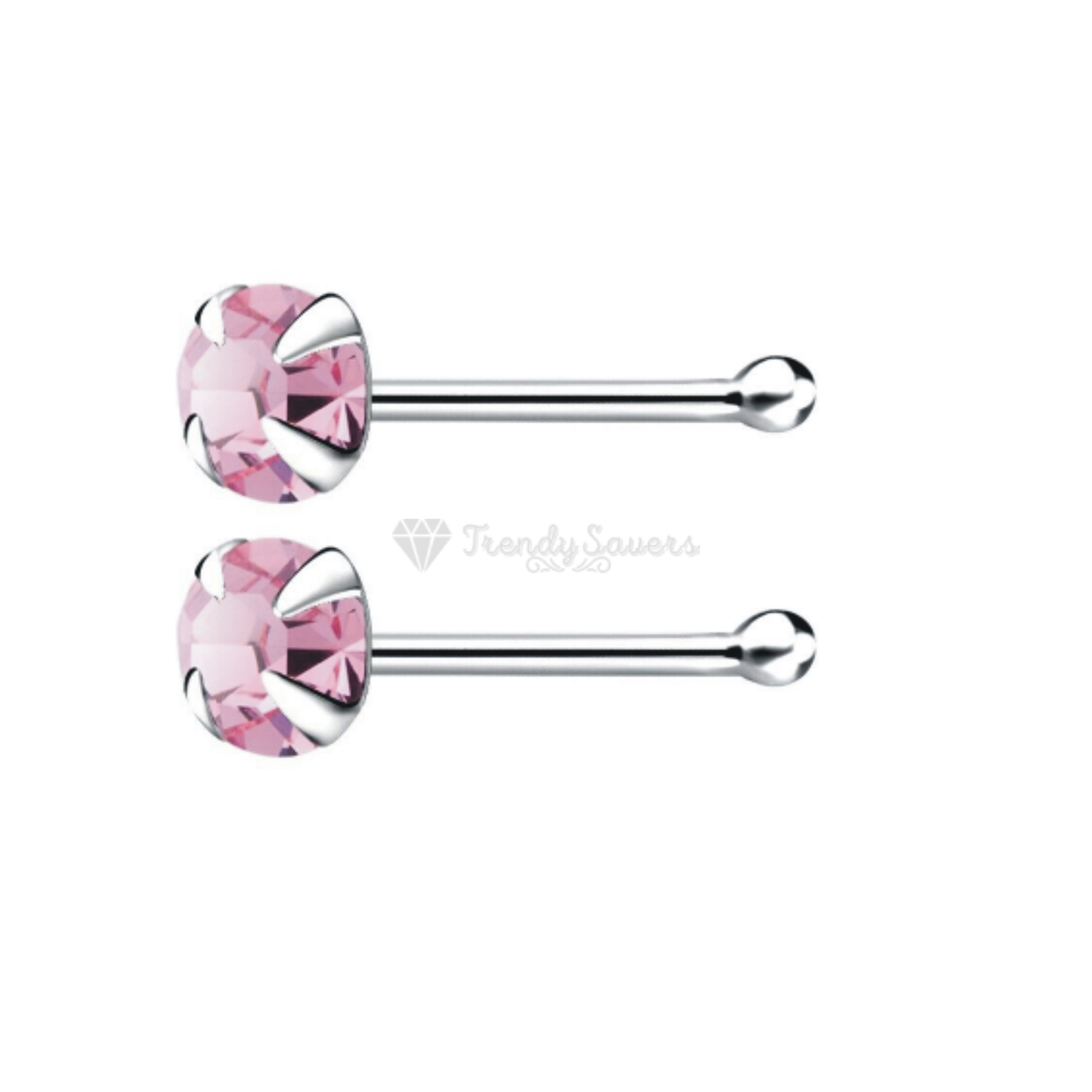 Pure 925 Sterling Silver Pink Gem Nose Studs Rings Piercing Pin Body Jewelry 2MM