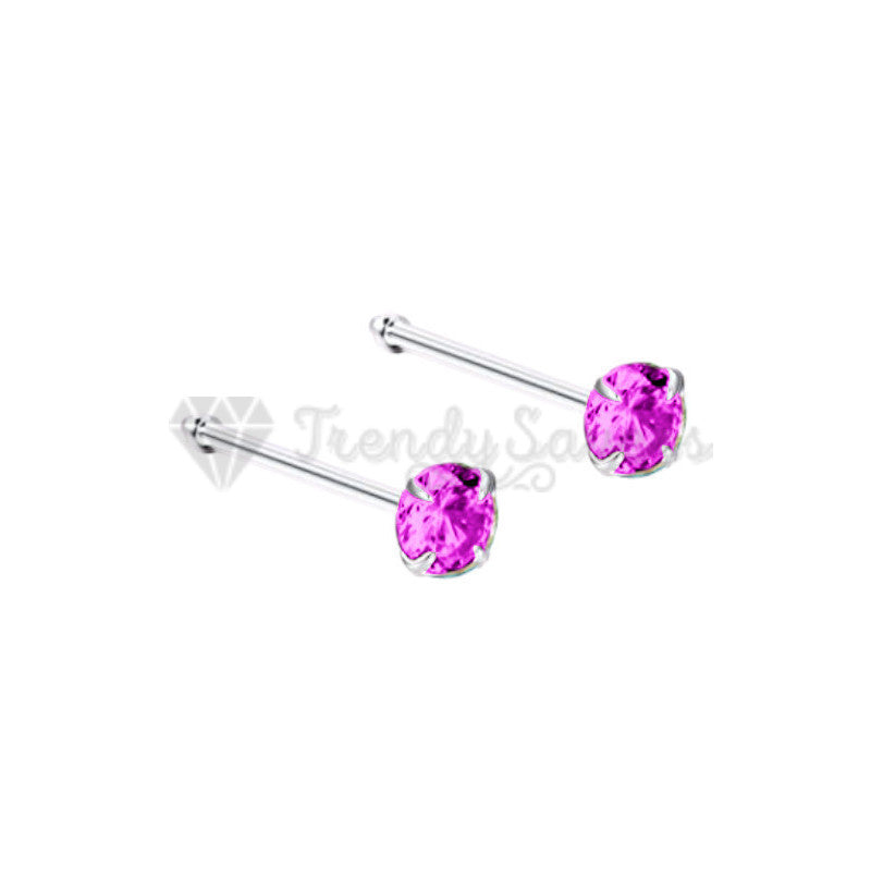 Solid Sterling Silver Straight End 2MM Purple Crystal Nose Stud Piercing Bar Pin