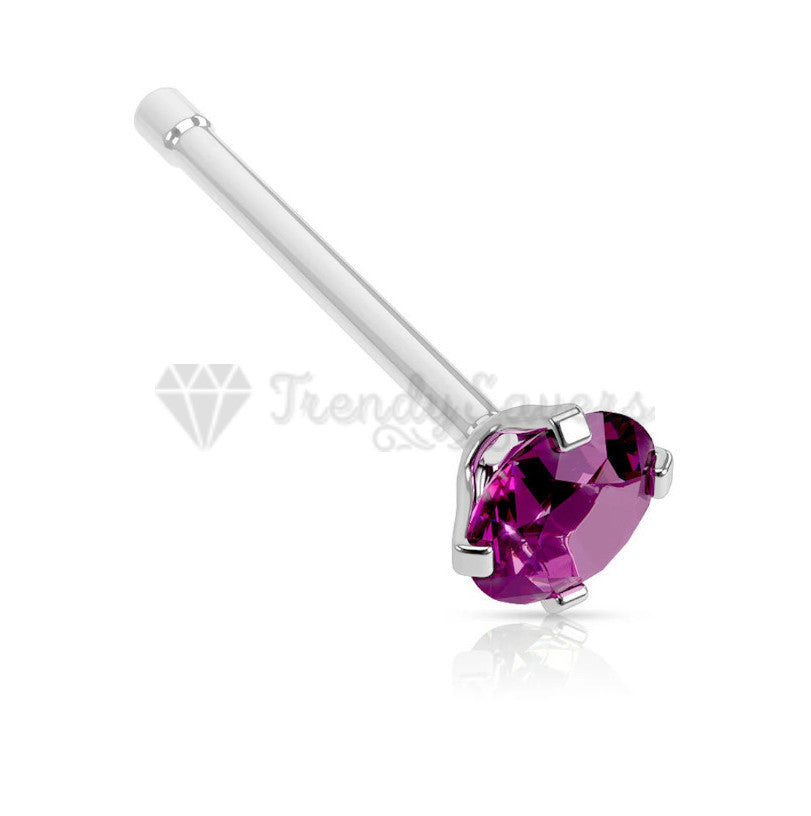 Solid Sterling Silver Straight End 2MM Purple Crystal Nose Stud Piercing Bar Pin