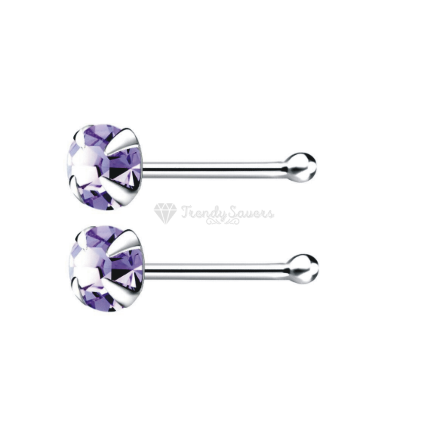 Solid Sterling Silver Straight End 2MM Purple Crystal Nose Stud Piercing Bar Pin
