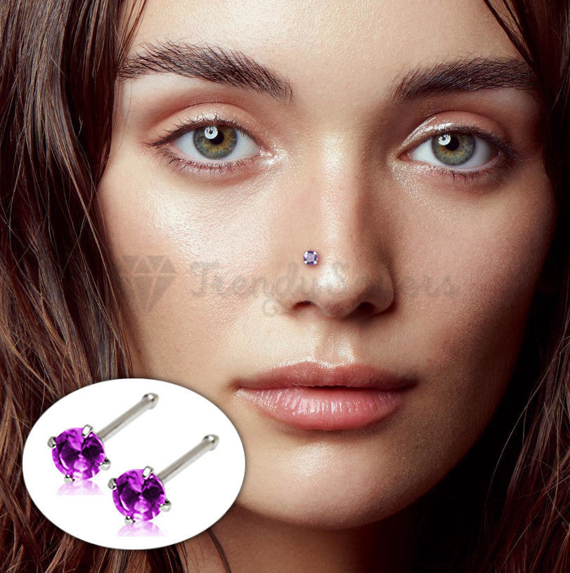 Nose Bone Stud Straight End 3MM Purple Cubic Zirconia Crystal Pins Piercing Bar
