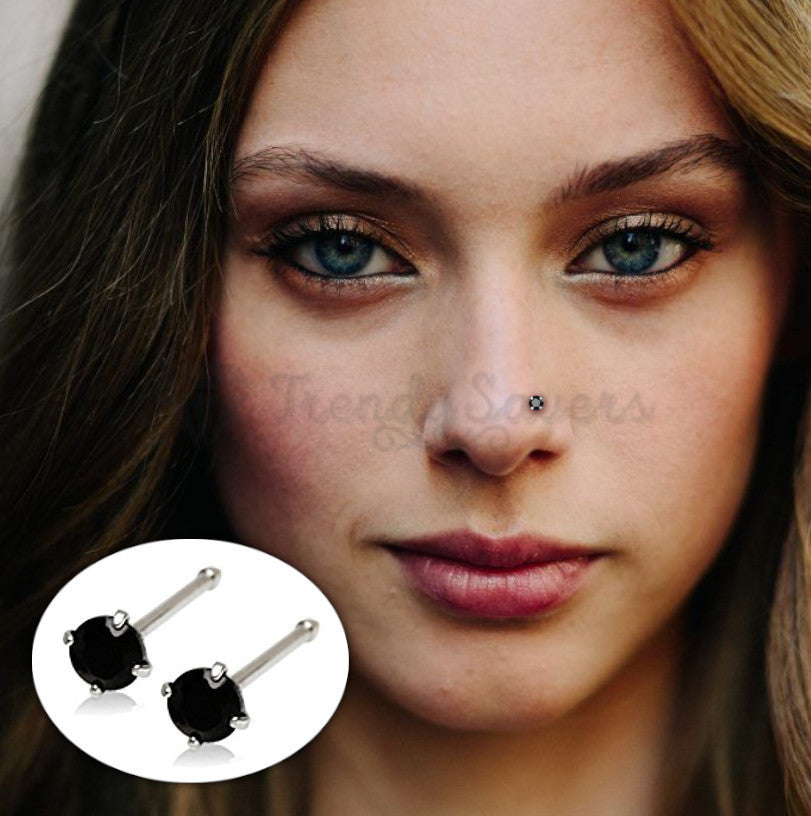 2MM Black Cubic Zirconia Crystal Real Sterling Silver Nose Small Studs Bone End