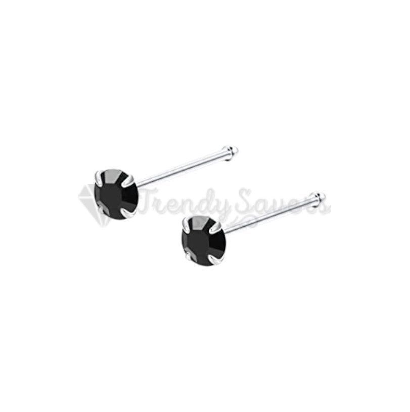 2MM Black Cubic Zirconia Crystal Real Sterling Silver Nose Small Studs Bone End