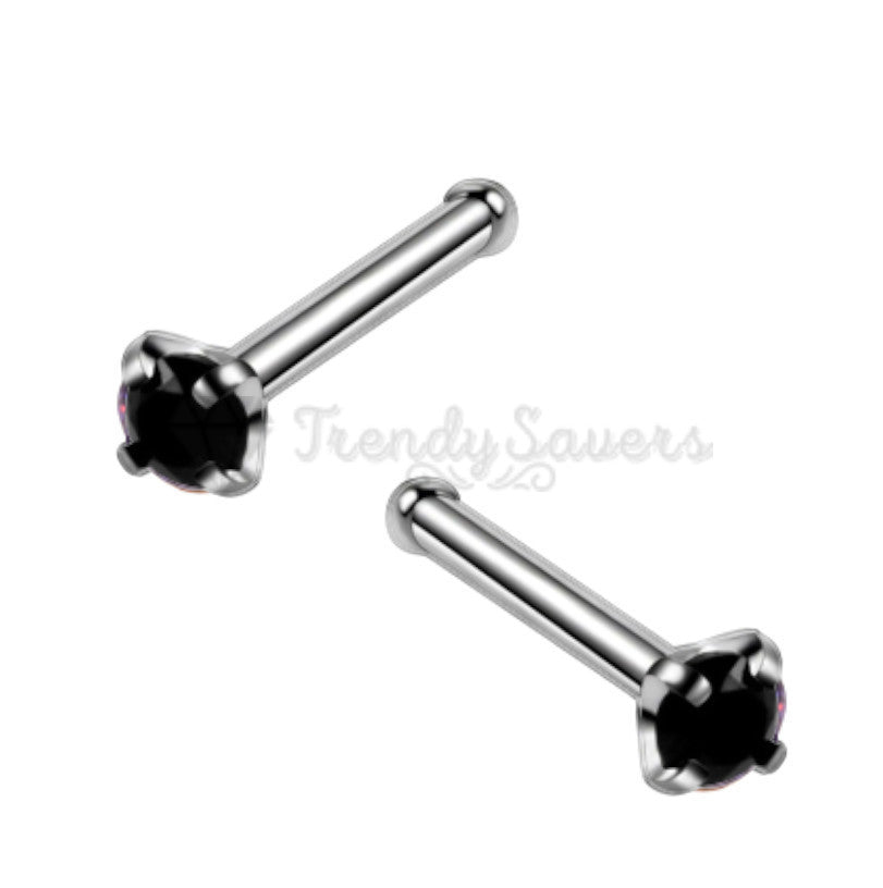 2MM Black Cubic Zirconia Crystal Real Sterling Silver Nose Small Studs Bone End