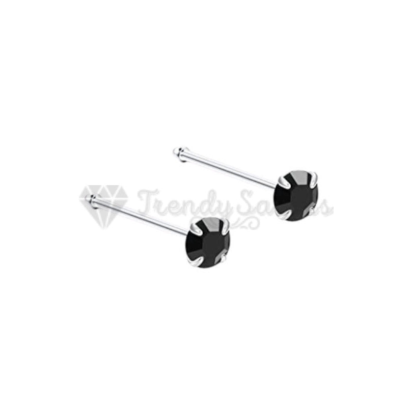 2MM Black Cubic Zirconia Crystal Real Sterling Silver Nose Small Studs Bone End