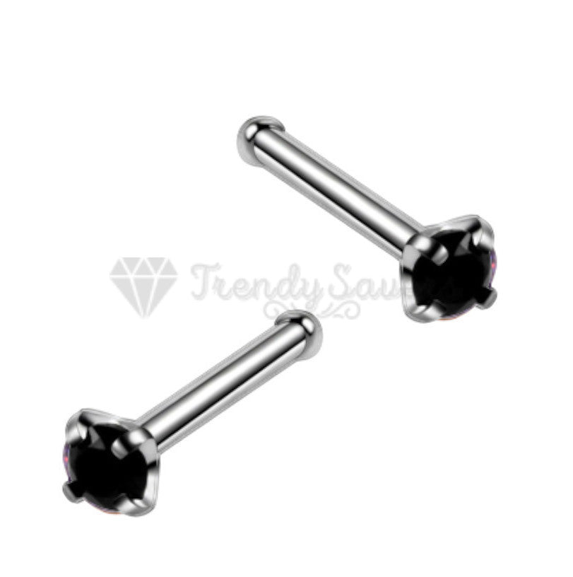 2MM Black Cubic Zirconia Crystal Real Sterling Silver Nose Small Studs Bone End