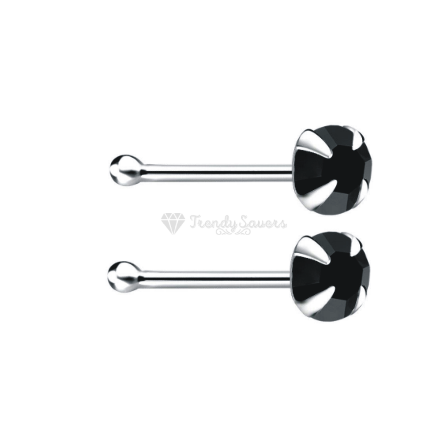 2MM Black Cubic Zirconia Crystal Real Sterling Silver Nose Small Studs Bone End