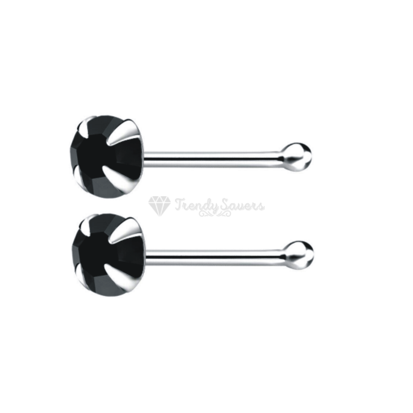 2MM Black Cubic Zirconia Crystal Real Sterling Silver Nose Small Studs Bone End