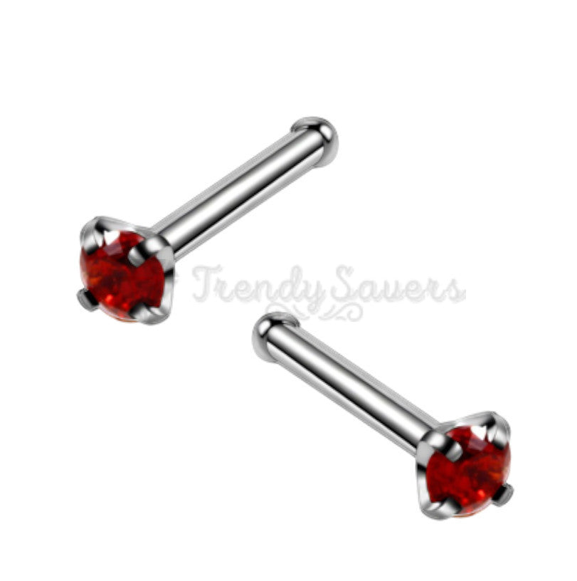 2MM Wide Bars Stud Piercing Nose Ring Pin Straight Bone End Red Cubic Zirconia