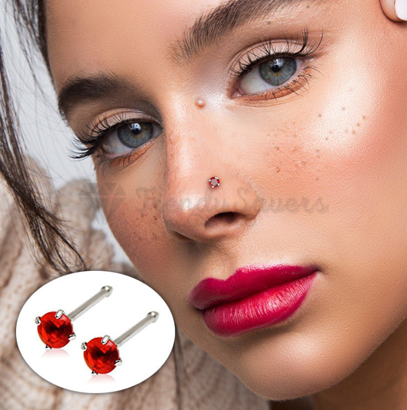 2MM Wide Bars Stud Piercing Nose Ring Pin Straight Bone End Red Cubic Zirconia
