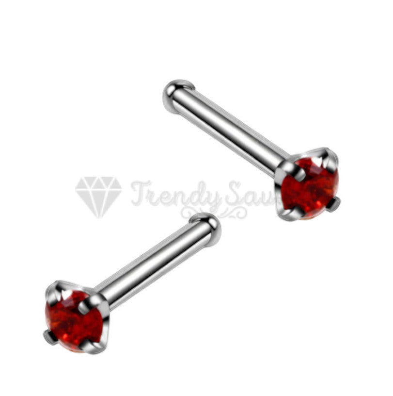 2MM Wide Bars Stud Piercing Nose Ring Pin Straight Bone End Red Cubic Zirconia