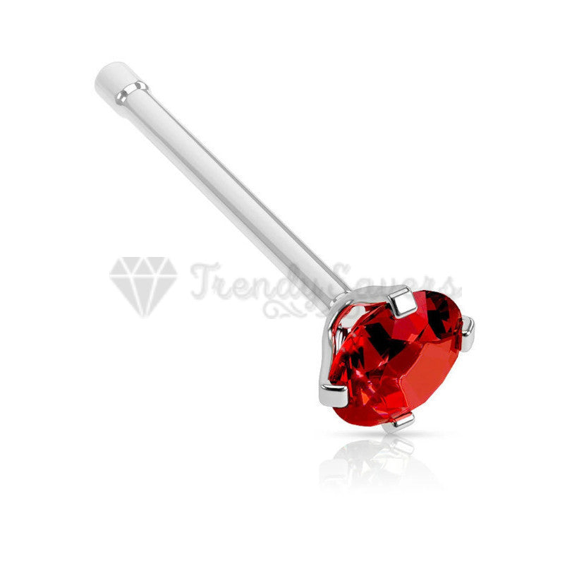 2MM Wide Bars Stud Piercing Nose Ring Pin Straight Bone End Red Cubic Zirconia