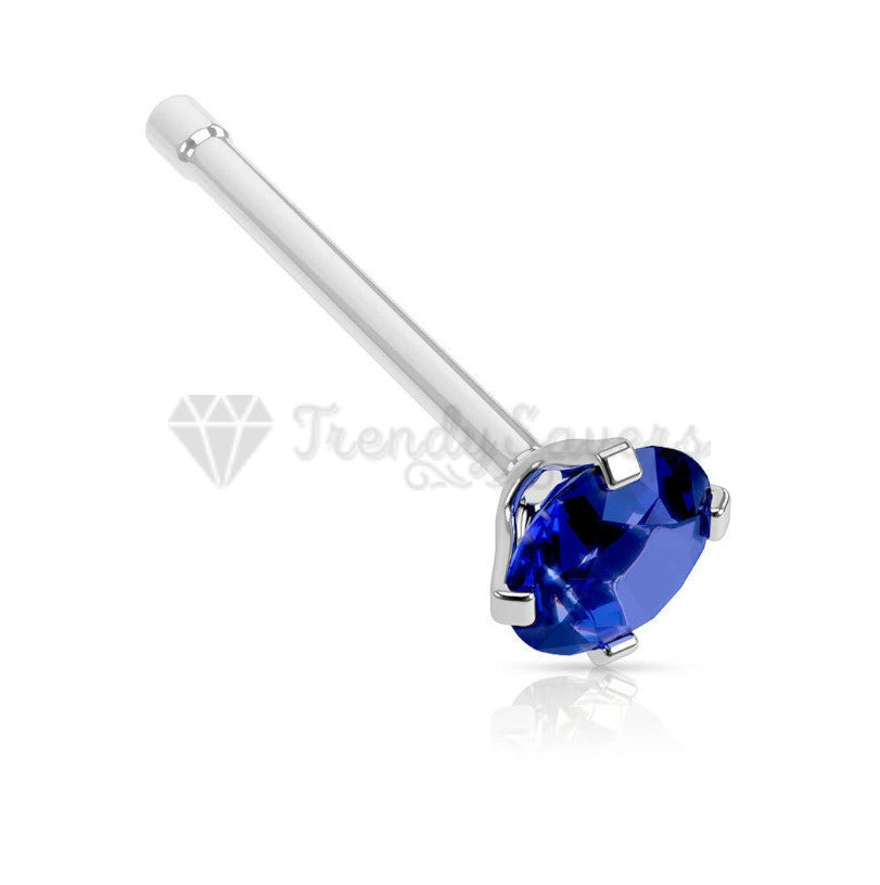 Genuine Sterling Silver Straight Crystal Nose Stud 3MM Blue CZ Ring Piercing Pin