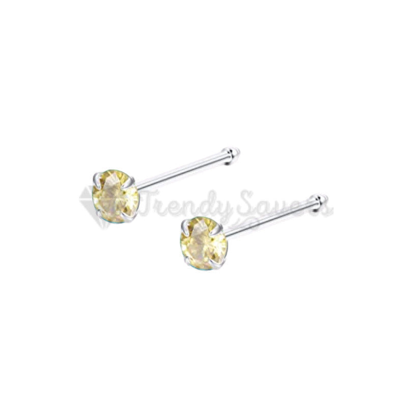 Real Sterling Silver Piercing Bar Ring CZ Champagne Crystal Nose Bone Stud 3MM