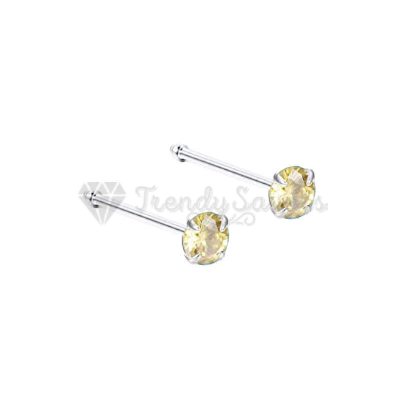 Real Sterling Silver Piercing Bar Ring CZ Champagne Crystal Nose Bone Stud 3MM