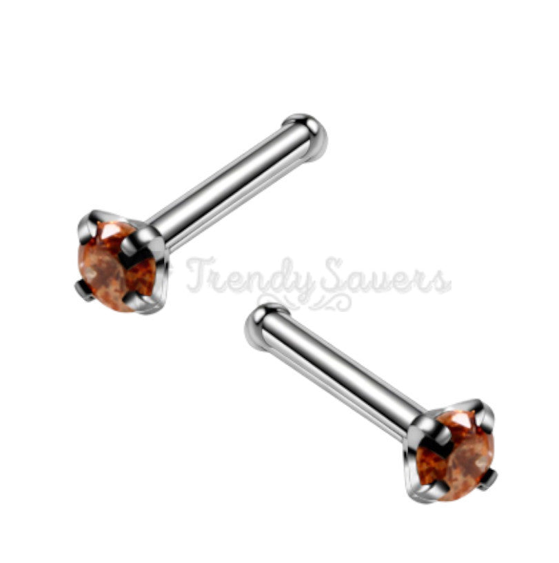 Real Sterling Silver Piercing Bar Ring CZ Champagne Crystal Nose Bone Stud 3MM
