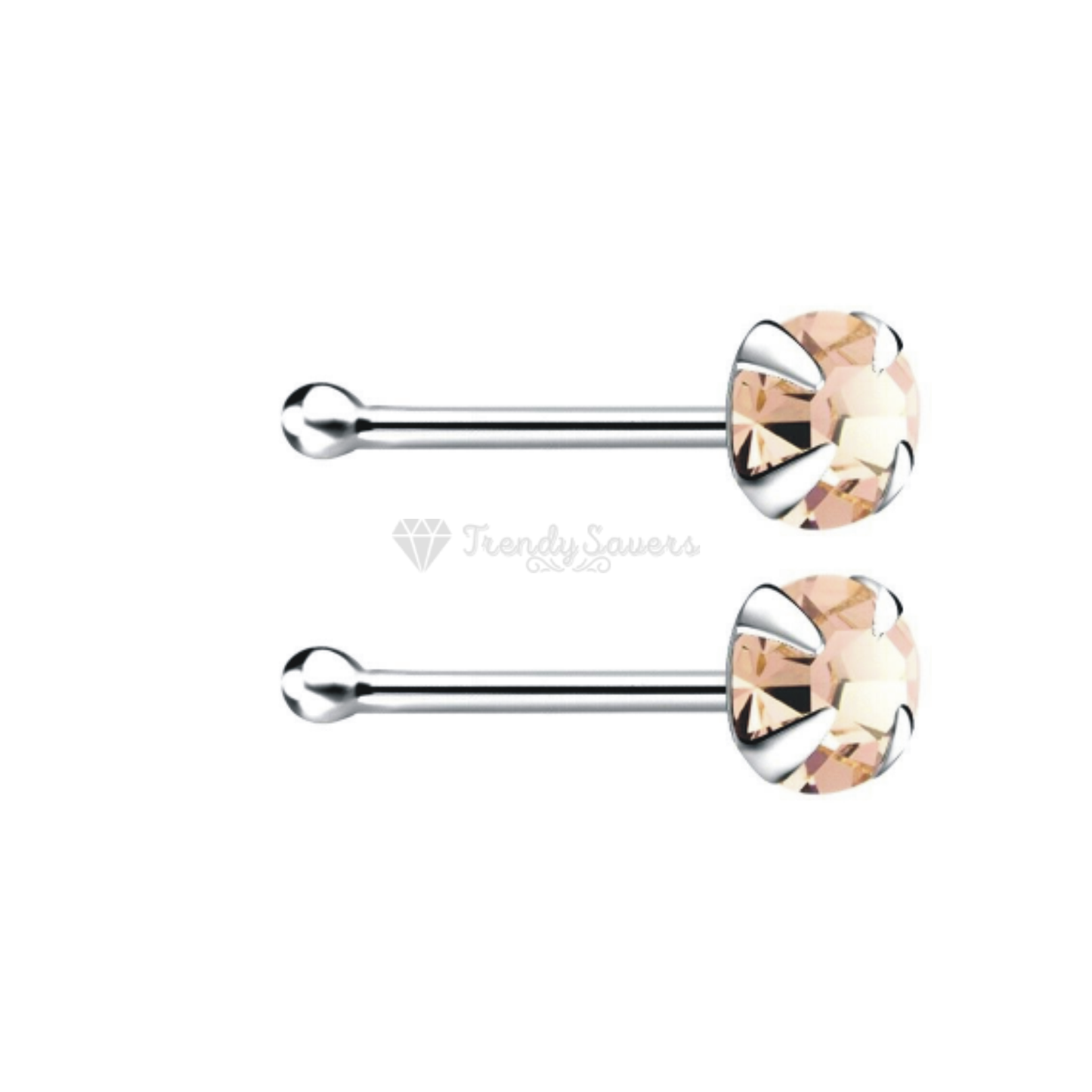 Real Sterling Silver Piercing Bar Ring CZ Champagne Crystal Nose Bone Stud 3MM