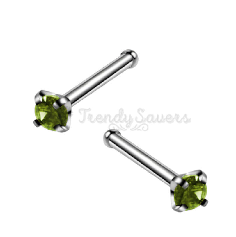 Sparkly 2MM Green Round Crystal Sterling Silver Nose Ring Hoop Stud Piercing Pin