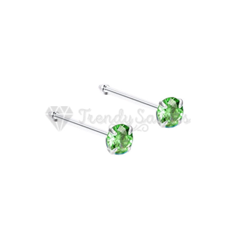 Sparkly 2MM Green Round Crystal Sterling Silver Nose Ring Hoop Stud Piercing Pin