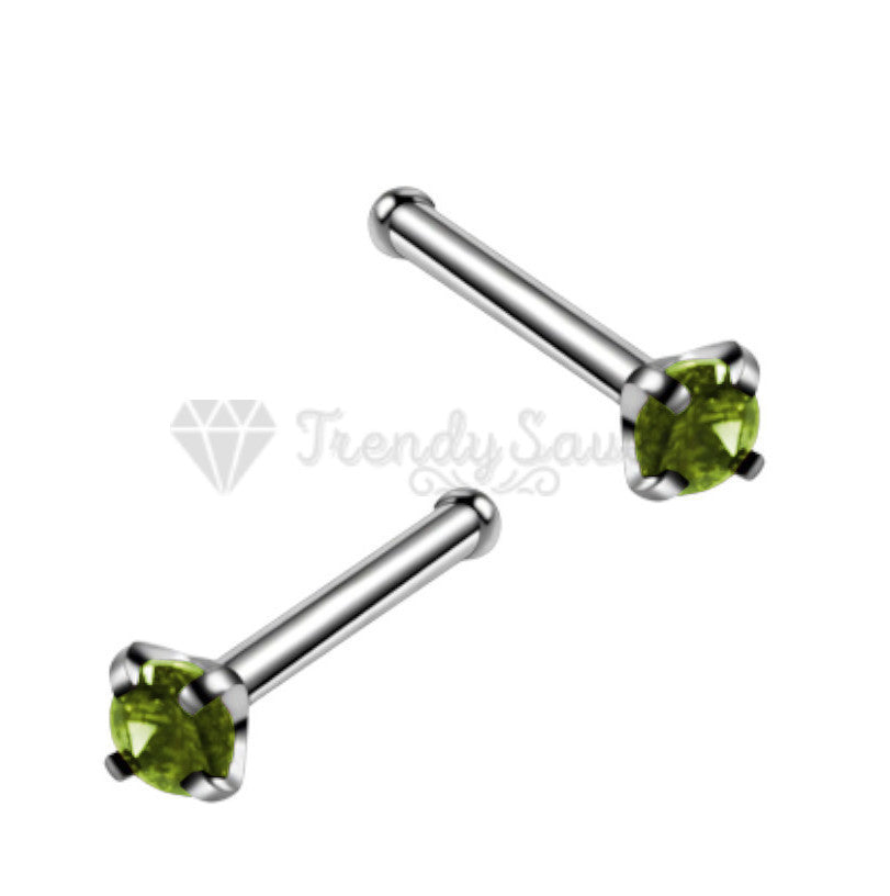 Sparkly 2MM Green Round Crystal Sterling Silver Nose Ring Hoop Stud Piercing Pin