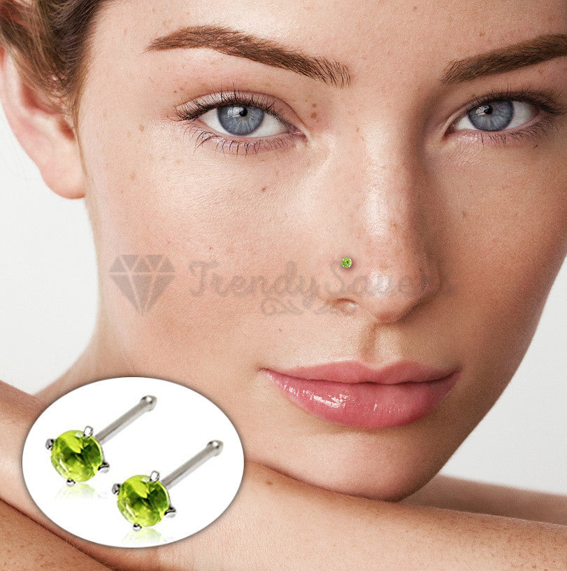 Sparkly 2MM Green Round Crystal Sterling Silver Nose Ring Hoop Stud Piercing Pin
