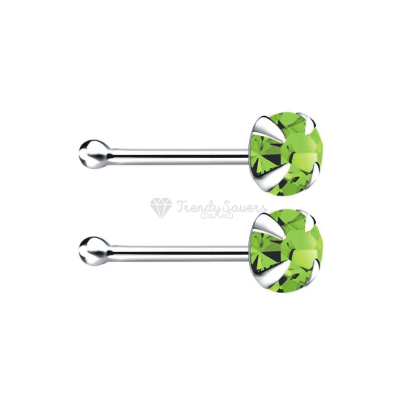 Sparkly 2MM Green Round Crystal Sterling Silver Nose Ring Hoop Stud Piercing Pin