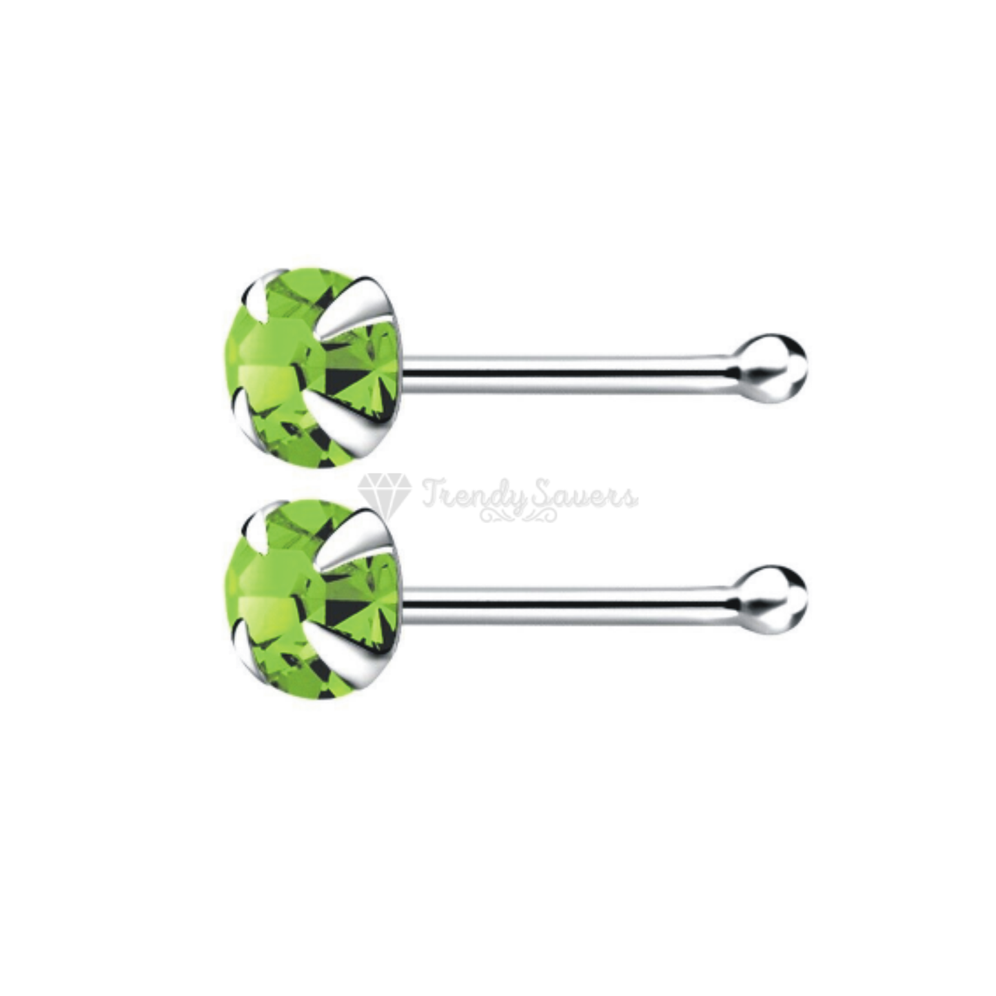 Sparkly 2MM Green Round Crystal Sterling Silver Nose Ring Hoop Stud Piercing Pin