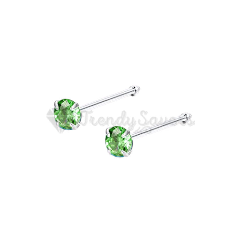 Women Men Small Round Green Gem CZ Prong Set Nose Piercing Studs Stud 3MM Pair