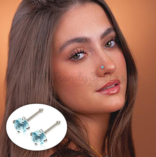 3MM Sky Blue Round Cut Cubic Zirconia Nose Piercing Hoop Stud Ring Bar Jewelry
