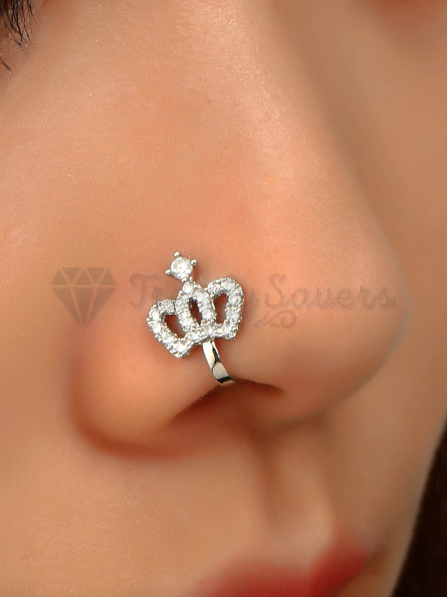 Silver Plated Cubic Zirconia CZ Non Piercing Nose Ring Crown Cuff Body Piercing