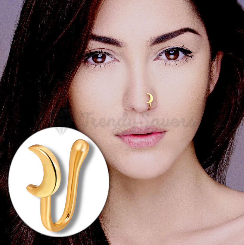 Sterling Silver Filled Moon Shape Ring Non Piercing Gold Cuff Nose Clips Jewelry
