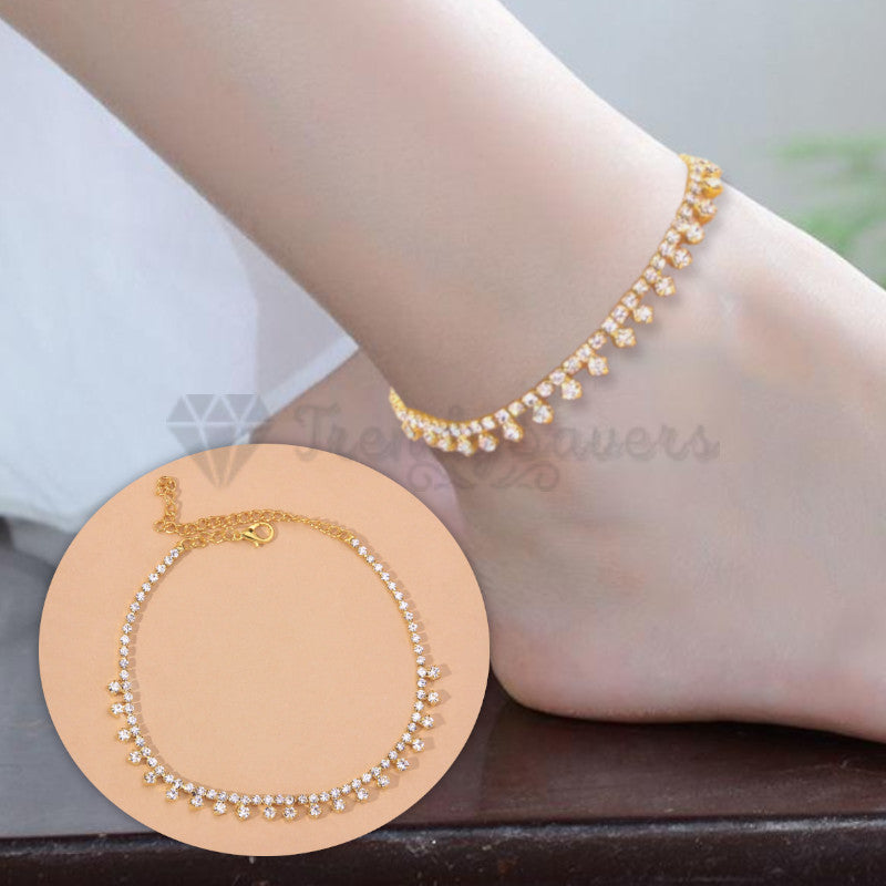Gold Plated Sterling Silver CZ Crystals Inlaid Ankle Bracelet Boho Foot Anklet