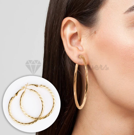 Large Round Hollow Ear Dangle Gold Twist Design Textured Hoop Earrings 50MM Wide