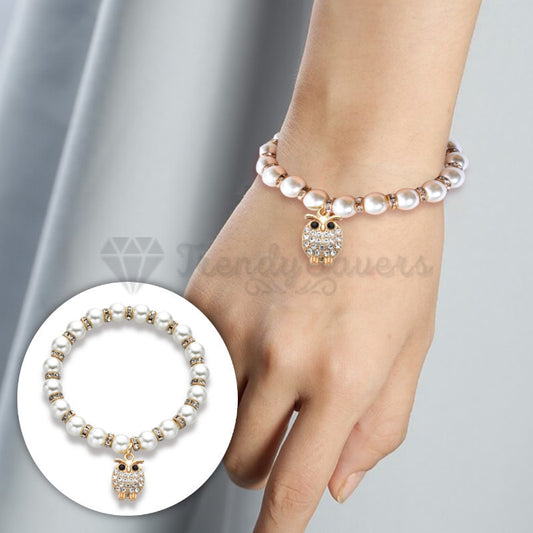 18K Gold Plated Pearl Crystal Bird Owl Design Pendant Bracelet Adjustable Bangle