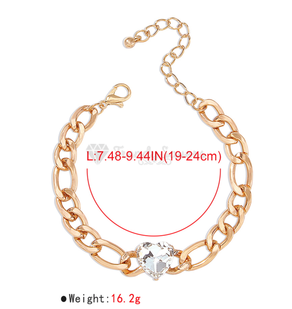 18K Gold Plated Figaro Chain Crystal Heart Charm Bracelet Womens Jewellery Gift