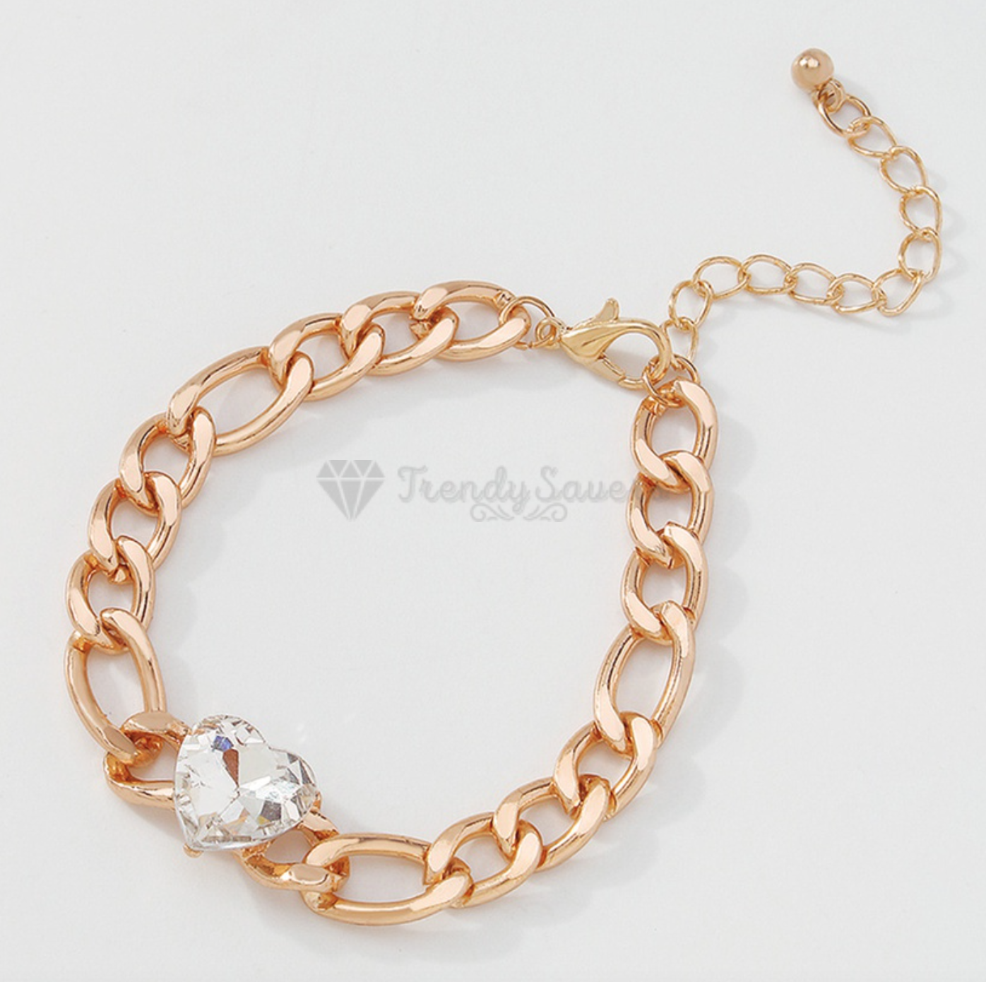 18K Gold Plated Figaro Chain Crystal Heart Charm Bracelet Womens Jewellery Gift