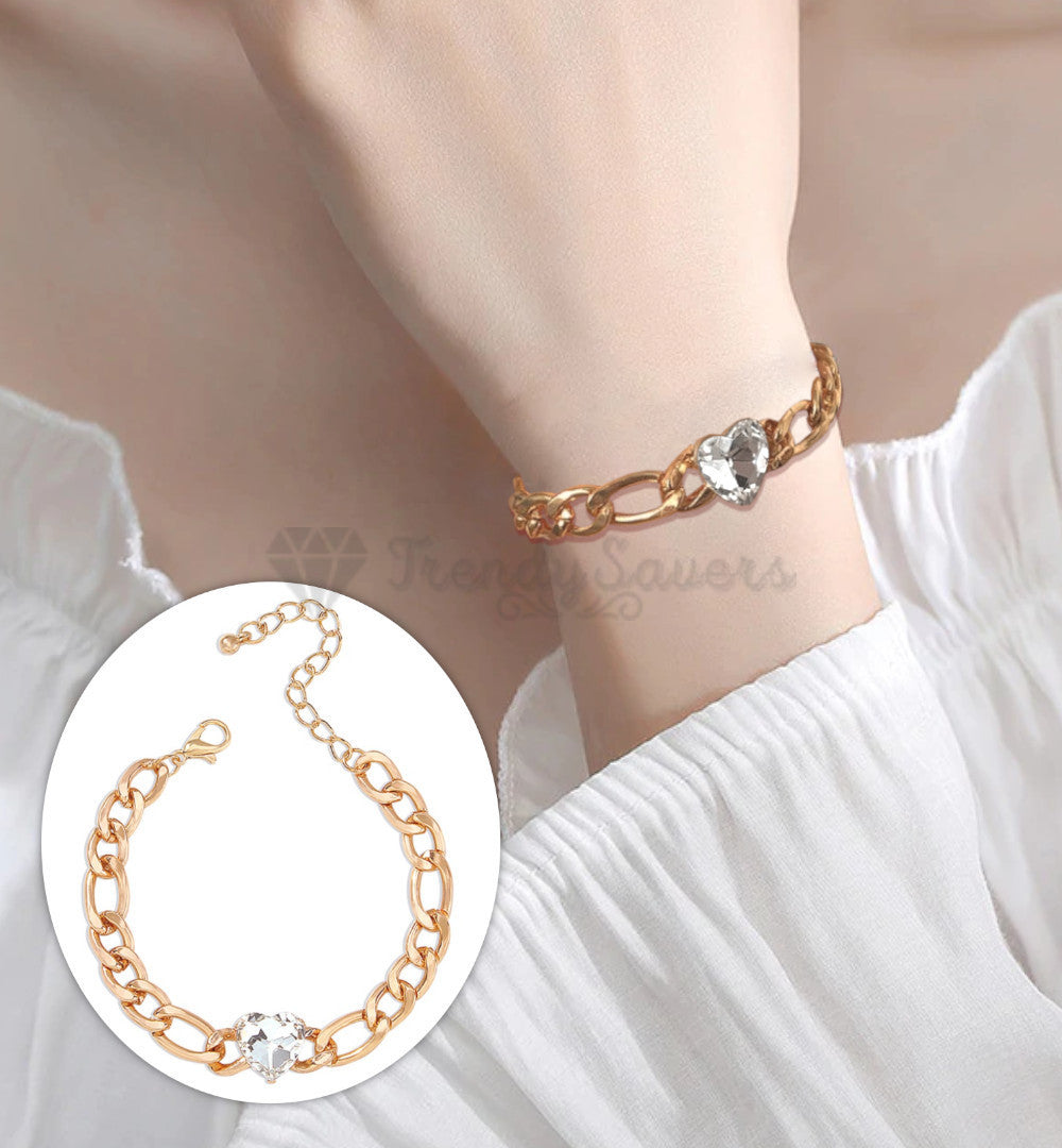 18K Gold Plated Figaro Chain Crystal Heart Charm Bracelet Womens Jewellery Gift