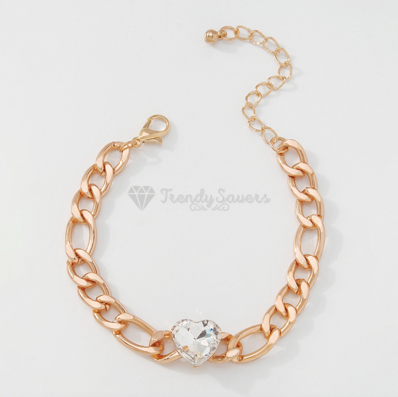18K Gold Plated Figaro Chain Crystal Heart Charm Bracelet Womens Jewellery Gift